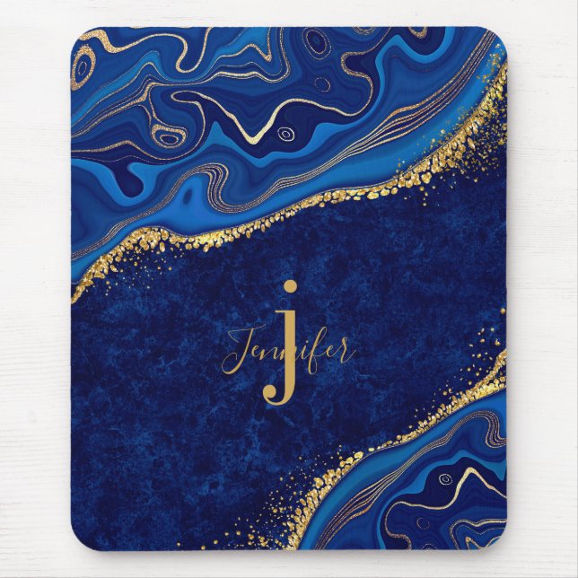 Gold und Blue Agate Modernes, elegantes Marmordesi Mousepad (Vorne)