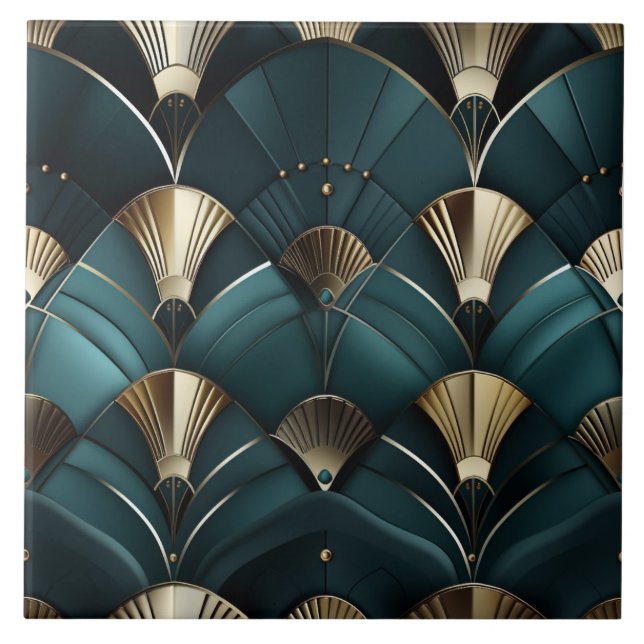 Gold und Blue Deko, Art Deco Fan Fliese (Vorderseite)