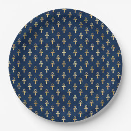 Gold und Blue Egyptian Ankh Pattern Pappteller