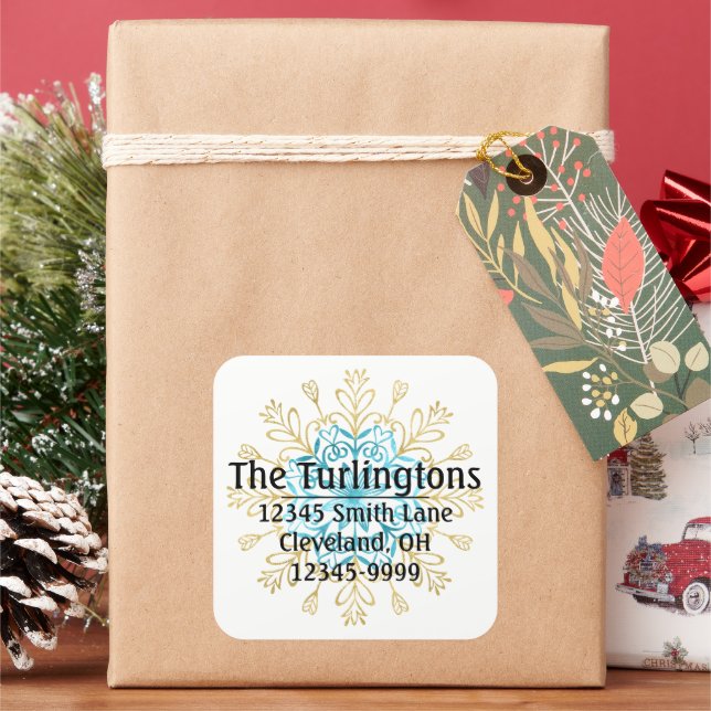 Gold und Blue Handmade Snowflake Rücksendeadresse Quadratischer Aufkleber (Feiertag)