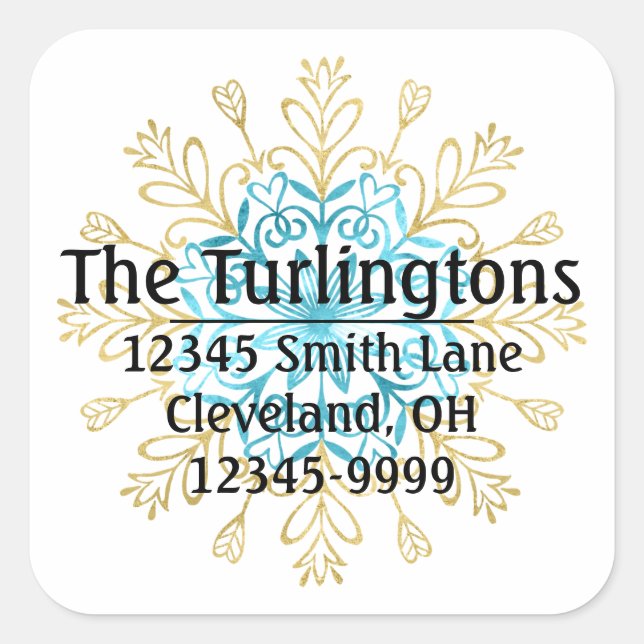 Gold und Blue Handmade Snowflake Rücksendeadresse Quadratischer Aufkleber (Vorderseite)