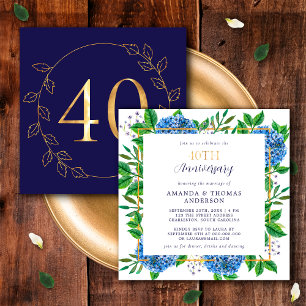 Gold und Blue Hydrangea 40. Hochzeitstag Einladung