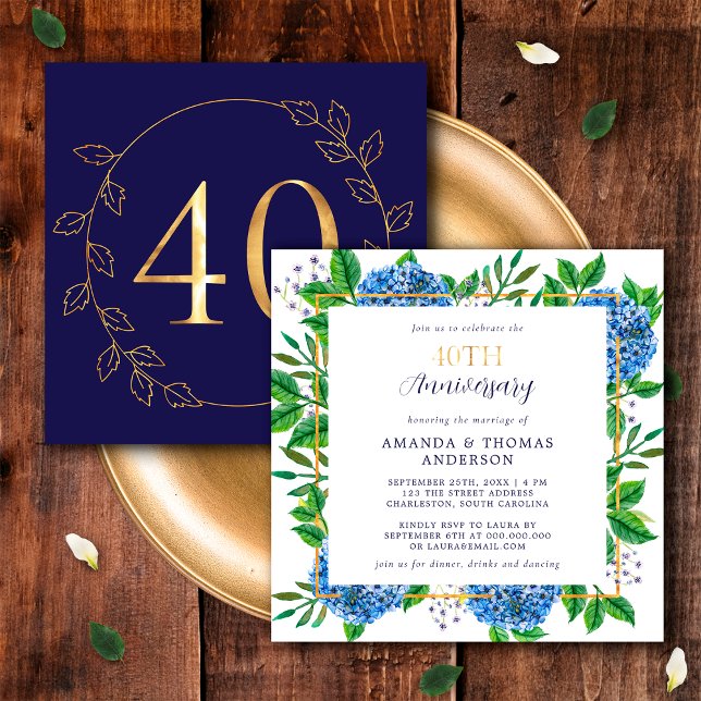 Gold und Blue Hydrangea 40. Hochzeitstag Einladung (Front / Back)