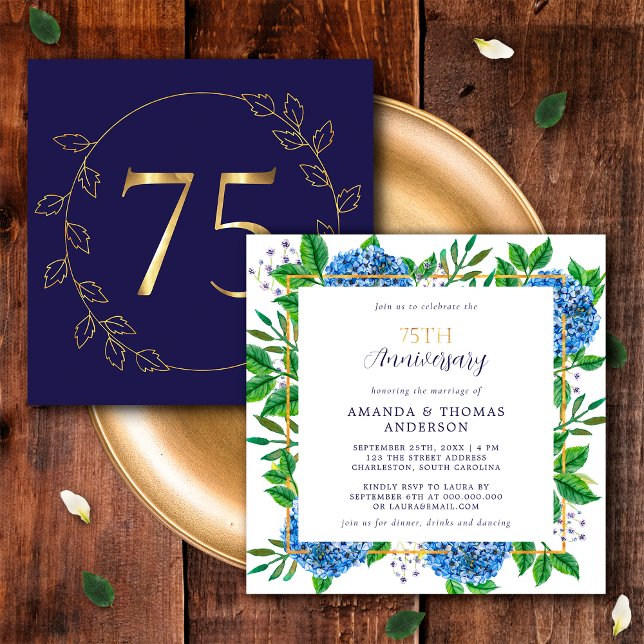 Gold und Blue Hydrangea 75. Hochzeitstag Einladung (Front / Back)