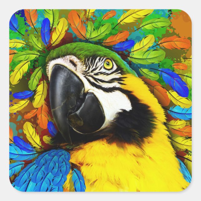 Gold und Blue Macaw Parrot Fantasy Square Stickers (Vorderseite)