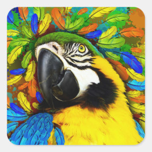 Gold und Blue Macaw Parrot Fantasy Square Stickers