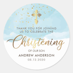 Gold und Blue Watercolor Boy Christening Vielen Da Runder Aufkleber