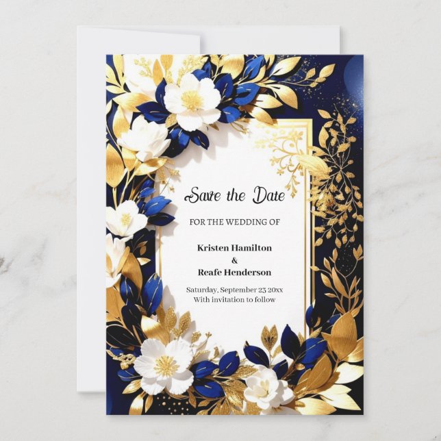 Gold und Blue Wedding Save The Date (Vorderseite)
