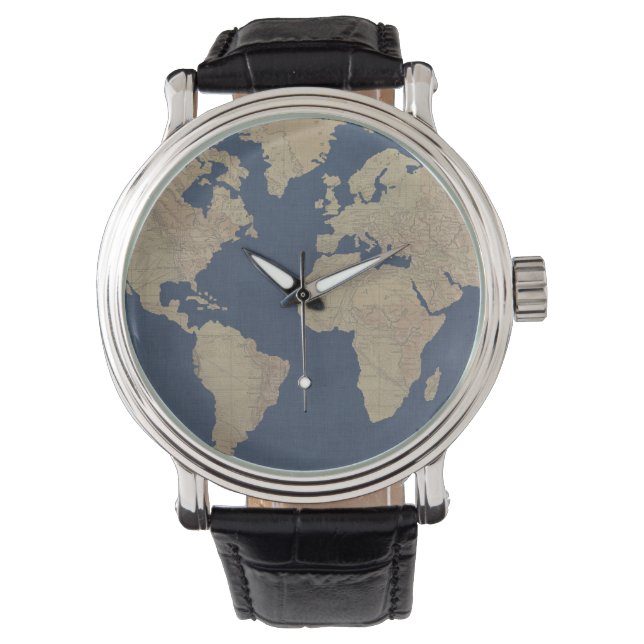 Gold und Blue World Map Armbanduhr (Vorderseite)