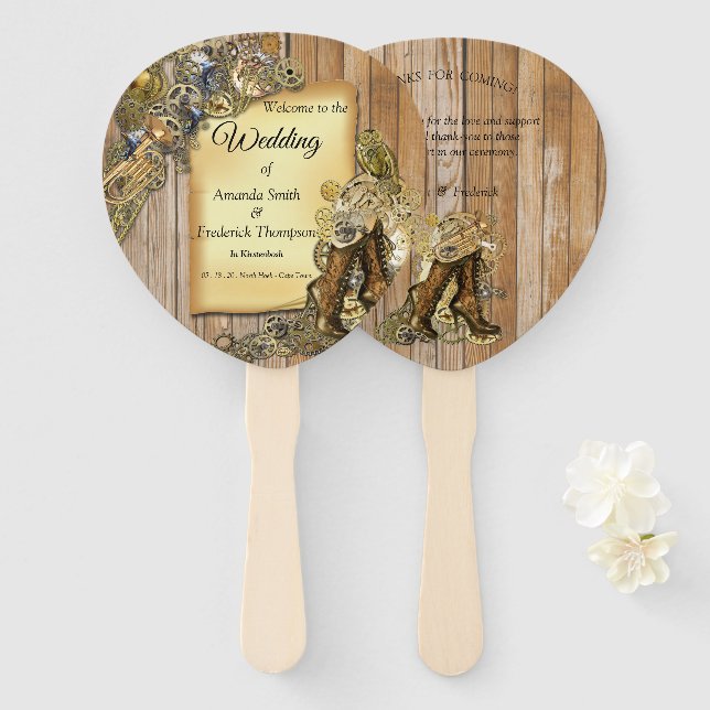 Gold- und Brass-Steampunk-Skulpturen auf Holz Fächer (Vorne und Hinten)