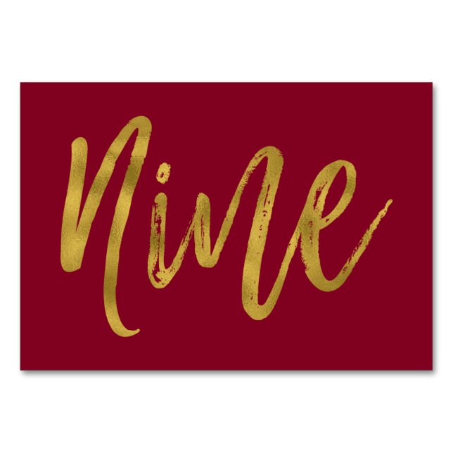 Gold und Burgund Elegante Tischnummer Nine (Vorderseite)