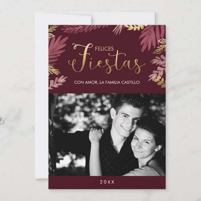 Gold und Burgund Felices Fiestas Holiday Card (Vorderseite)