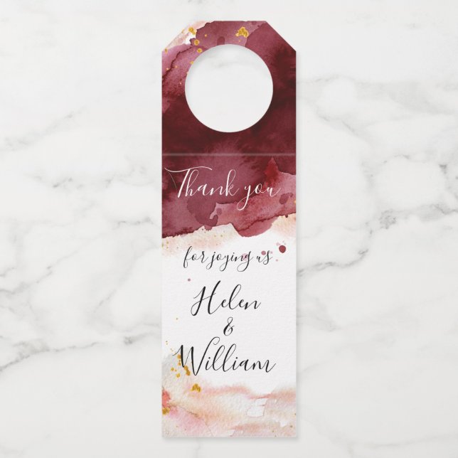 Gold-und Burgunder-Aquarell Flaschenanhänger (Vorderseite)