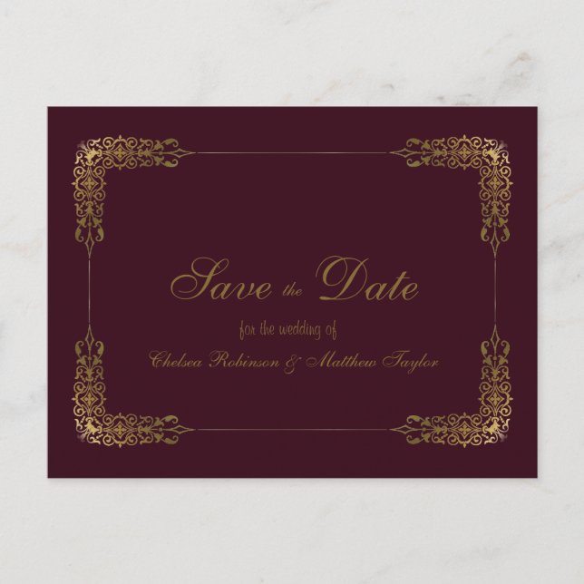 Gold und Burgundy Lace Save the Date Postkarte (Vorderseite)