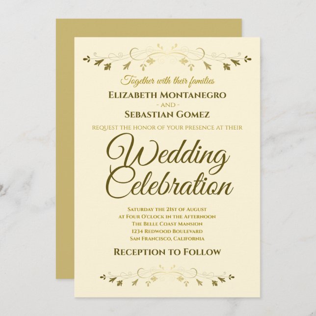 Gold und Creme Elegant Filigree Simple Wedding Einladung (Vorne/Hinten)