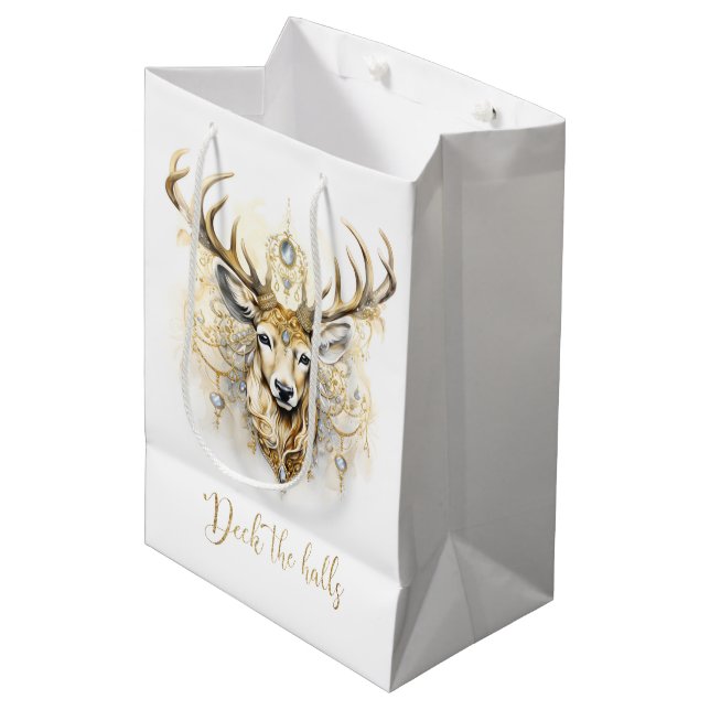 Gold und Diamant Glittery Deer Mittlere Geschenktüte (Vorderseite Schrägansicht)