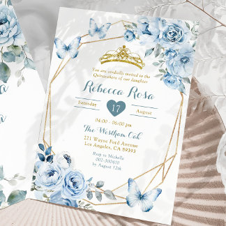 Gold und Dusty Blue Floral Crown Quinceañera Einladung