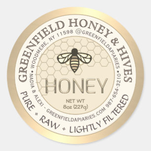 Gold- und Elfenbeinhoniglabel mit Honigwabe und Bi Runder Aufkleber