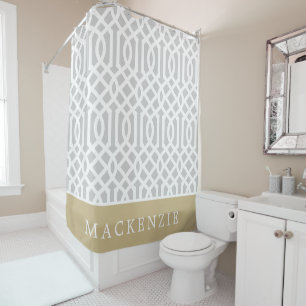 Gold und Gray Trellis Monogram Editierbare Farbe Duschvorhang