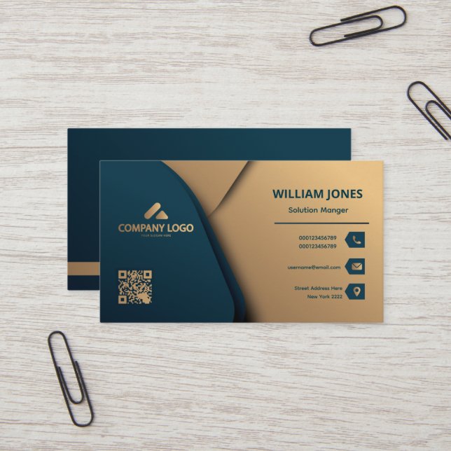 Gold und Green Elegante Business Card, QR Code Visitenkarte (Vorderseite/Rückseite Beispiel)