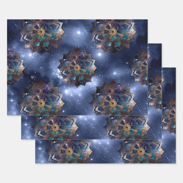 Gold und Green Mandalas auf dunklem Himmel Geschenkpapier Set (Set)