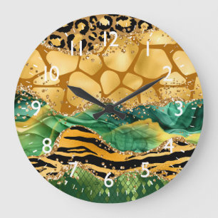 Gold und Green Safari Animal Print Agate Große Wanduhr