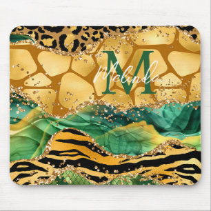 Gold und Green Safari Animal Print Agate Mousepad
