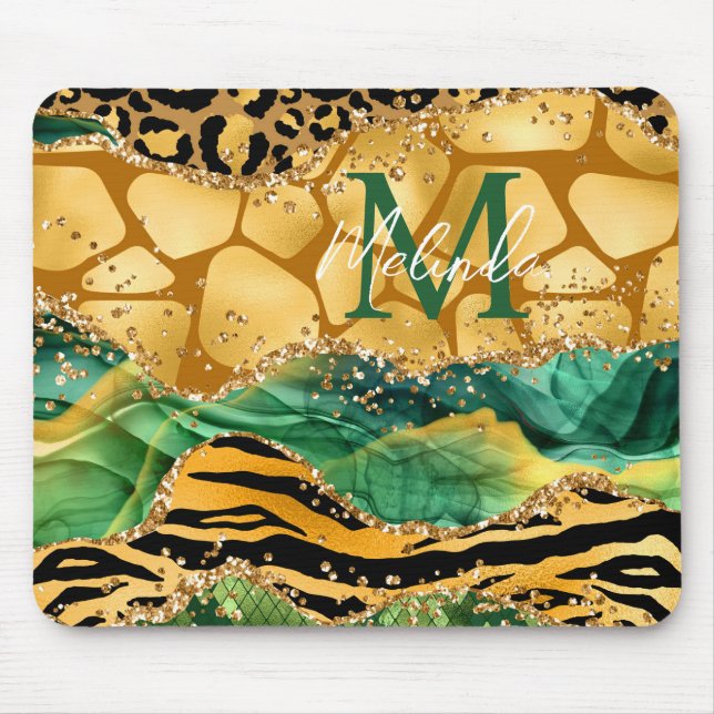 Gold und Green Safari Animal Print Agate Mousepad (Vorne)
