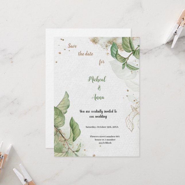 GOLD UND GREEN WEDING INVITATION EINLADUNG (Vorderseite/Rückseite Beispiel)