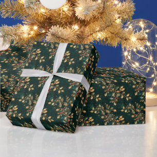 Gold- und Grün-Weihnachtsmuster mit Stechpalme Geschenkpapier