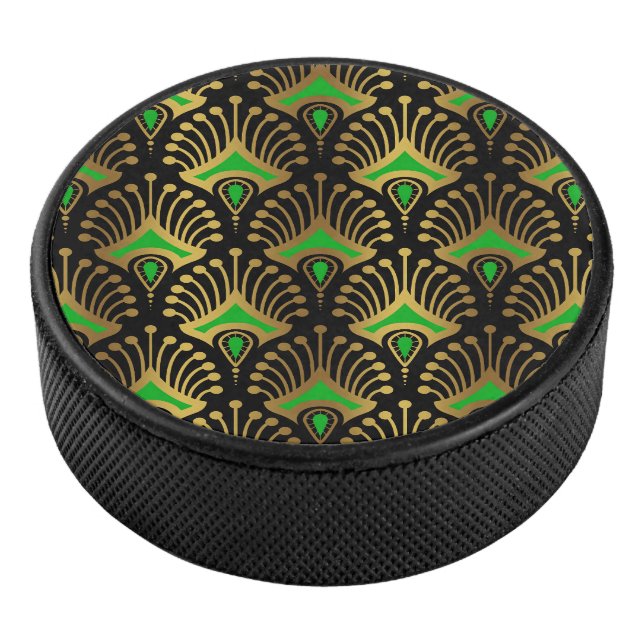 Gold und grüne Art-Deco-Muster auf schwarz Eishockey Puck (3/4)
