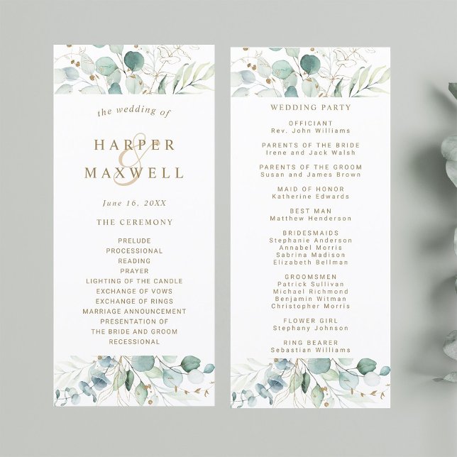 Gold- und Grüne Botanische Hochzeit Programm (Front & Back)