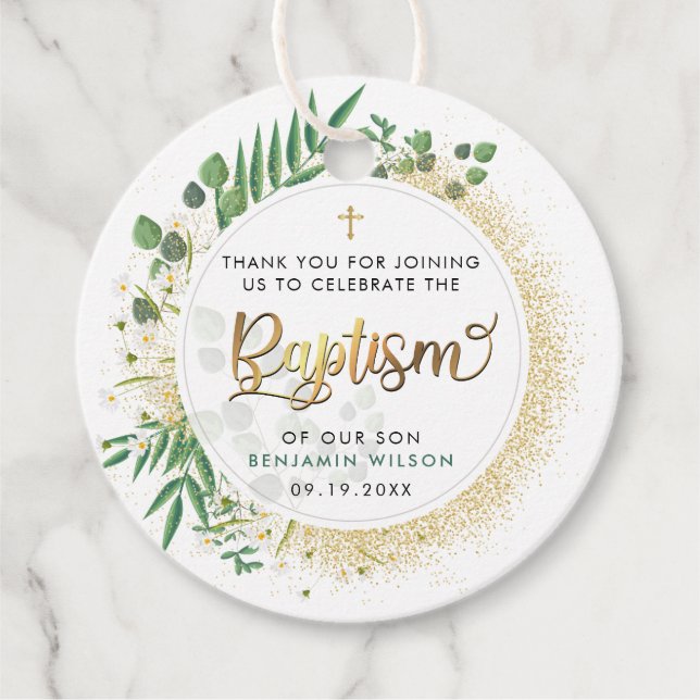 Gold und grüne Botanische Taufe Vielen Dank Geschenkanhänger (Vorderseite)