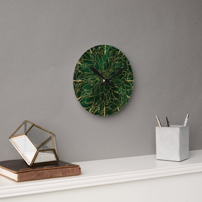 Gold- und Grüne Dahlienblume Runde Wanduhr (Büro)