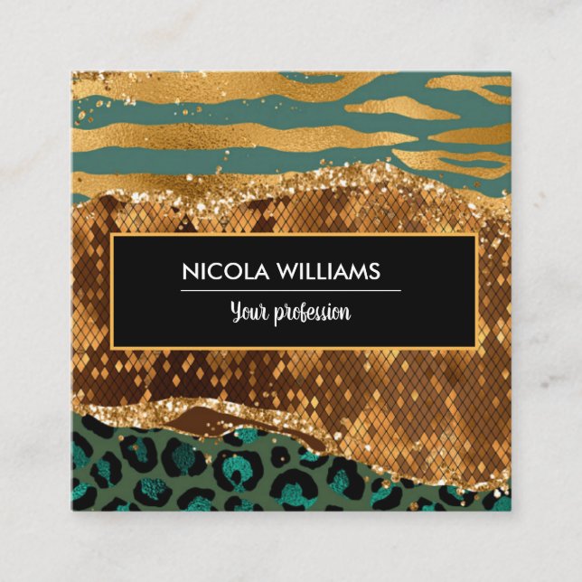 Gold und Grüne Safari Dschungeltiere Quadratische Visitenkarte (Vorderseite)