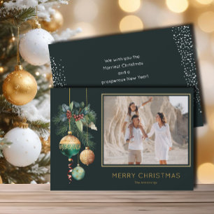 Gold- und grüne Weihnachtsornamente Foto Feiertagskarte