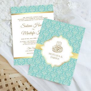 Gold- und hellblaue Damast-Hochzeit für islamische Einladung