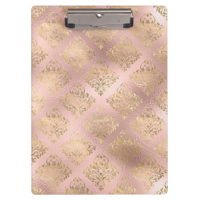 Gold und hellrosa Foil Glam Damask Muster Klemmbrett (Vorderseite)
