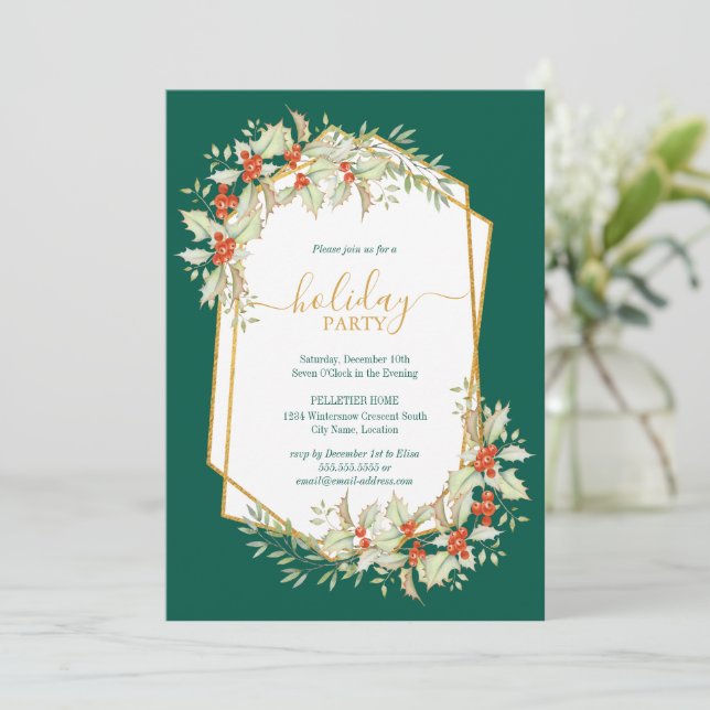 Gold und Holly | Geometrische Feiertage Einladung (Stehend Vorderseite)