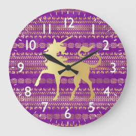 Gold und Lila Bohemisches Muster & Einhorn Große Wanduhr