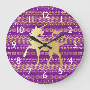 Gold und Lila Bohemisches Muster & Einhorn Große Wanduhr