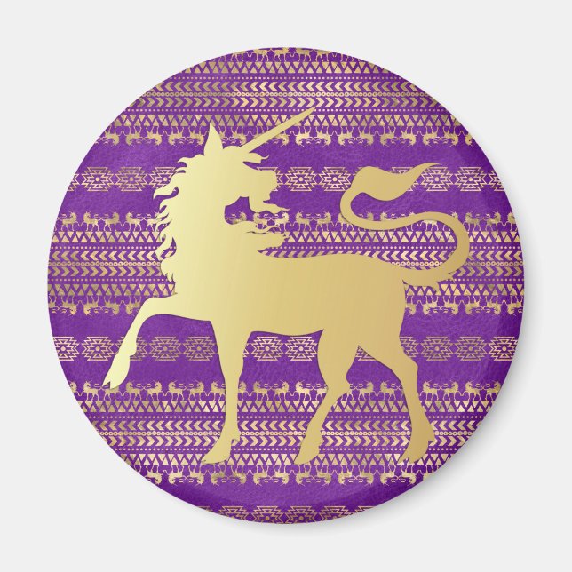 Gold und Lila Bohemisches Muster & Einhorn Magnet (Vorne)