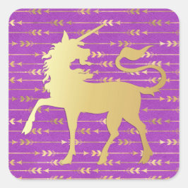 Gold und Lila Bohemisches Muster & Einhorn Quadratischer Aufkleber