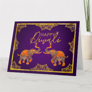 Gold und lila Elefanten - Happy Diwali Card Karte