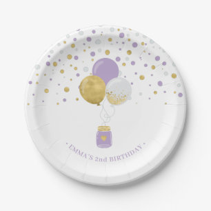Gold- und lila Konfettiballons 1. Geburtstag Pappteller
