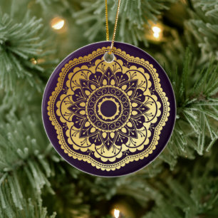 Gold und Lila Mandala Keramik Ornament