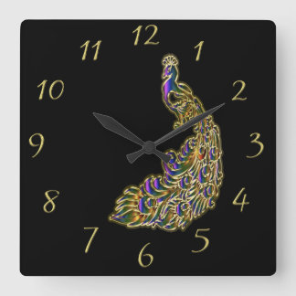 Gold und lila Pfau glitzern hell Quadratische Wanduhr