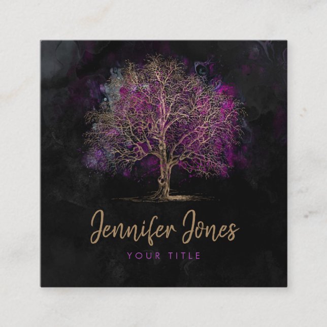 Gold und lila Watercolor-Baum Quadratische Visitenkarte (Vorderseite)