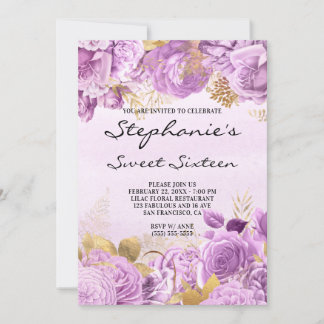 Gold und Lilac Floral Watercolor 16 . Geburtstag Einladung