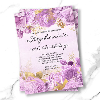 Gold und Lilac Floral Watercolor 60. Geburtstag Einladung
